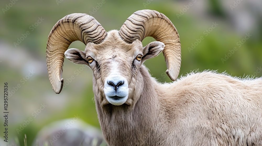 Majestic closeup of a bighorn sheep with impressive curled horns in its natural habitat : Generative AI Majestic closeup of a bighorn sheep with impressive curled horns in its natural habitat : Generative AI