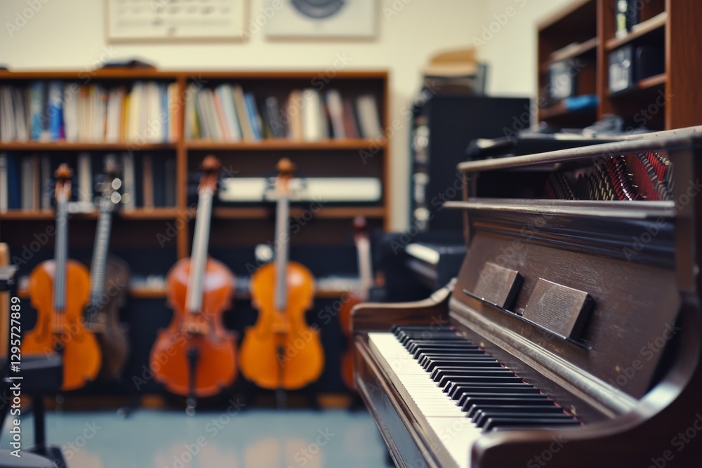 A music room with instruments neatly arranged on shelves. A student plays the piano while others practice with guitars and violins, Generative AI