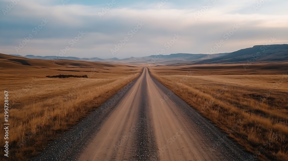 Expansive dirt road stretching through golden fields under a vast blue sky in serene landscape : Generative AI Expansive dirt road stretching through golden fields under a vast blue sky in serene landscape : Generative AI