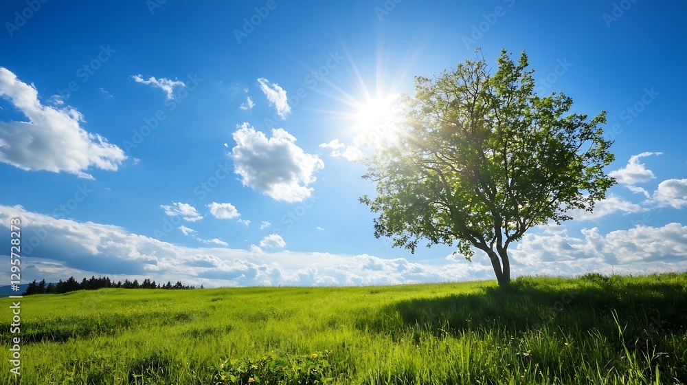 Fototapeta premium Solitary Tree Bathed in Sunlight Against a Bright Blue Sky and Clouds : Generative AI