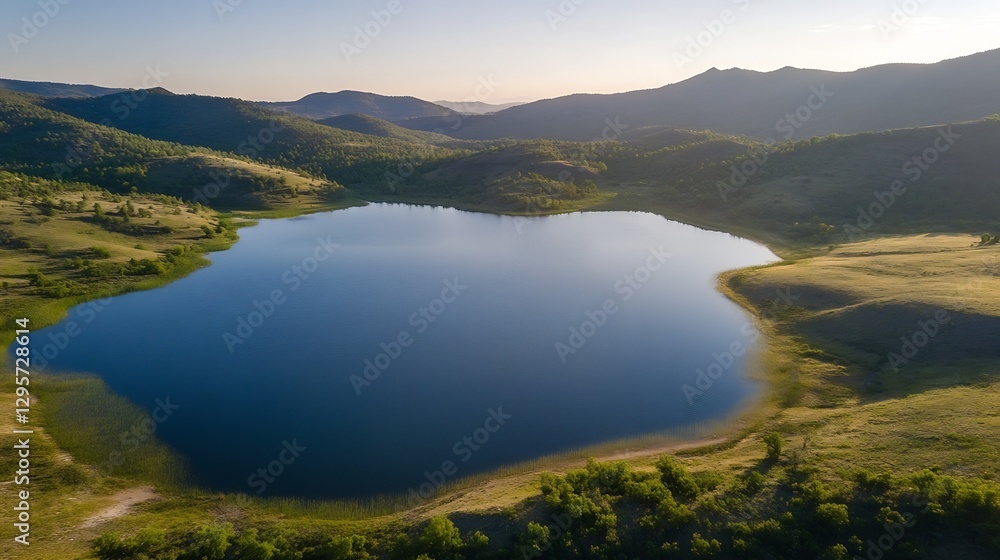 Scenic view of a serene lake surrounded by rolling hills on a clear sunny day : Generative AI Scenic view of a serene lake surrounded by rolling hills on a clear sunny day : Generative AI