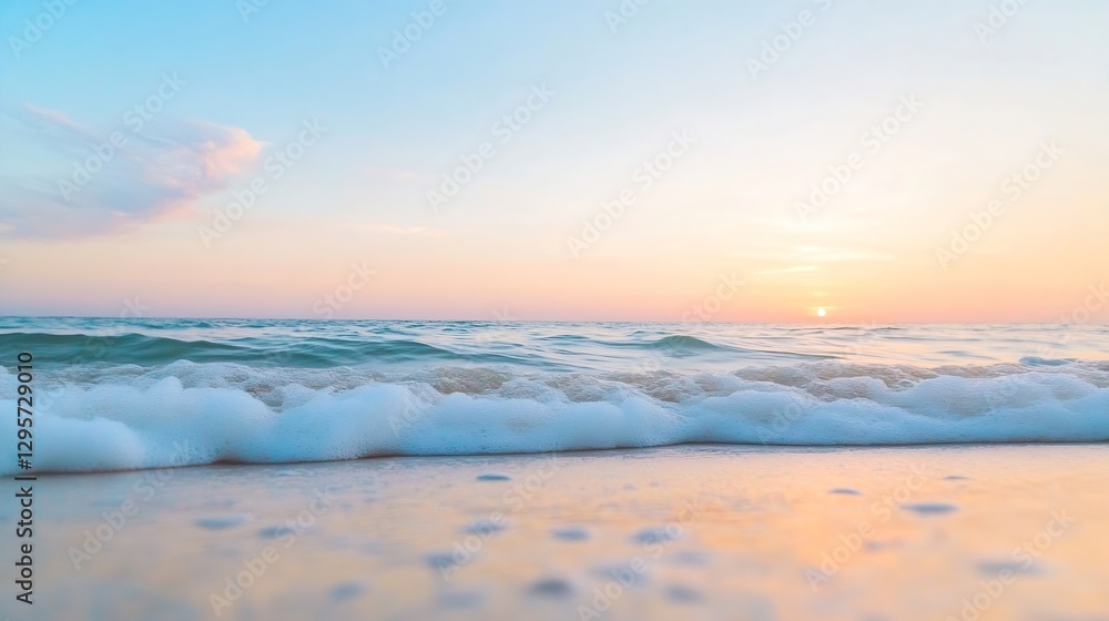 Fototapeta premium Tranquil ocean waves gently lap the shore at twilight with a colorful sunset hue : Generative AI