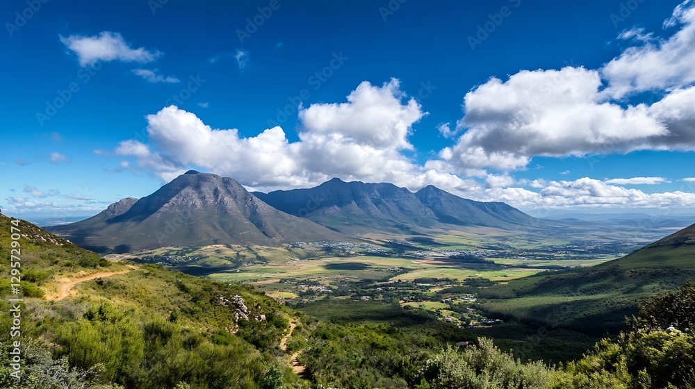 Breathtaking Mountain View Overlooking a Green Valley Under a Blue Sky : Generative AI Breathtaking Mountain View Overlooking a Green Valley Under a Blue Sky : Generative AI