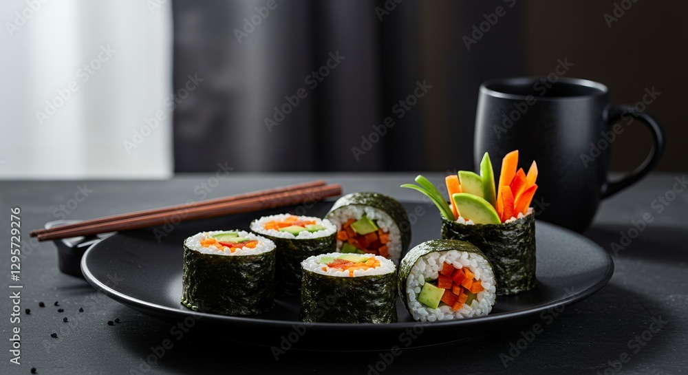 Delicious Vegan Sushi Rolls with Avocado, Carrot, and Cucumber on a Black Plate Delicious Vegan Sushi Rolls with Avocado, Carrot, and Cucumber on a Black Plate