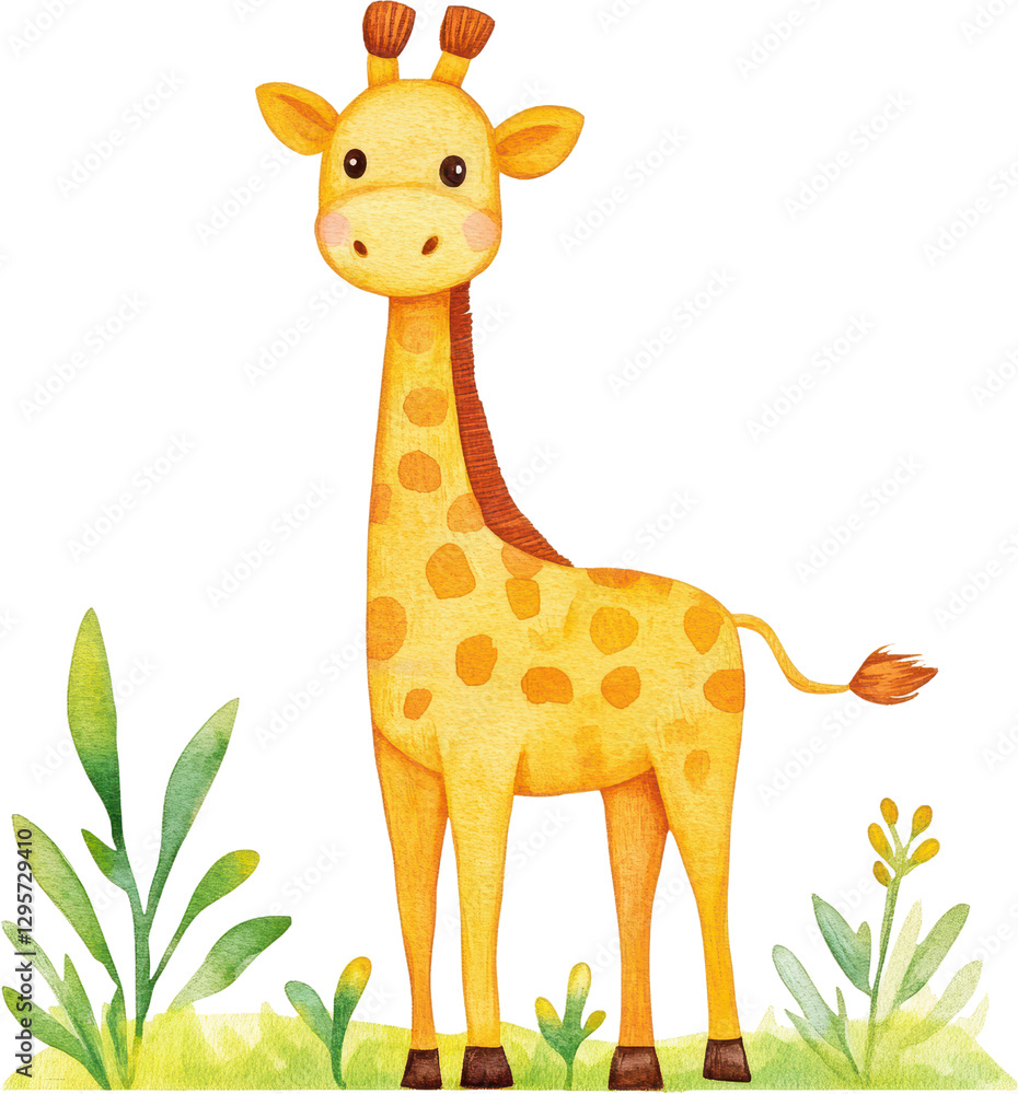 Fototapeta premium Adorable Watercolor Giraffe Illustration Standing in Grassland Perfect for Kids Books and Designs