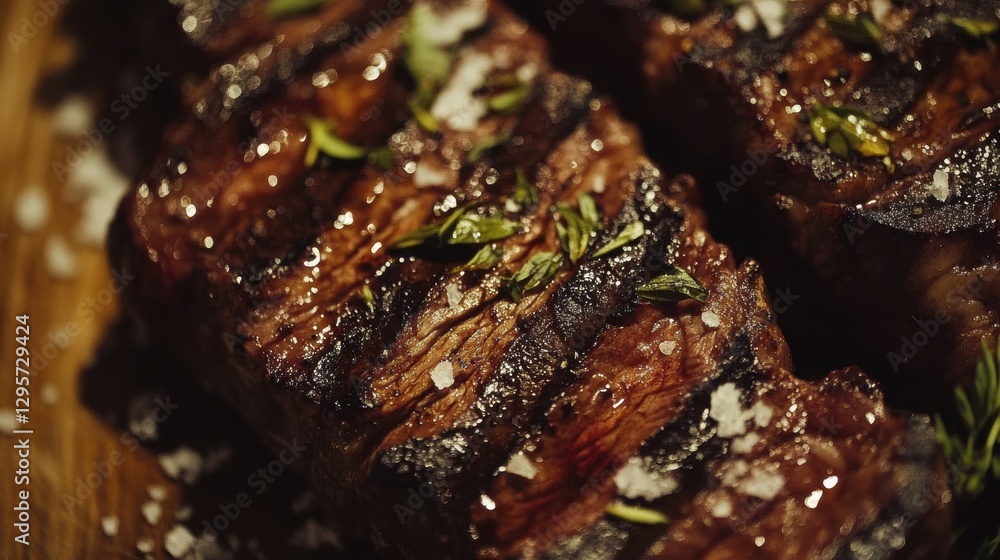 Close-up of juicy grilled steak with seared marks, garnished with herbs and coarse salt. Close-up of juicy grilled steak with seared marks, garnished with herbs and coarse salt.