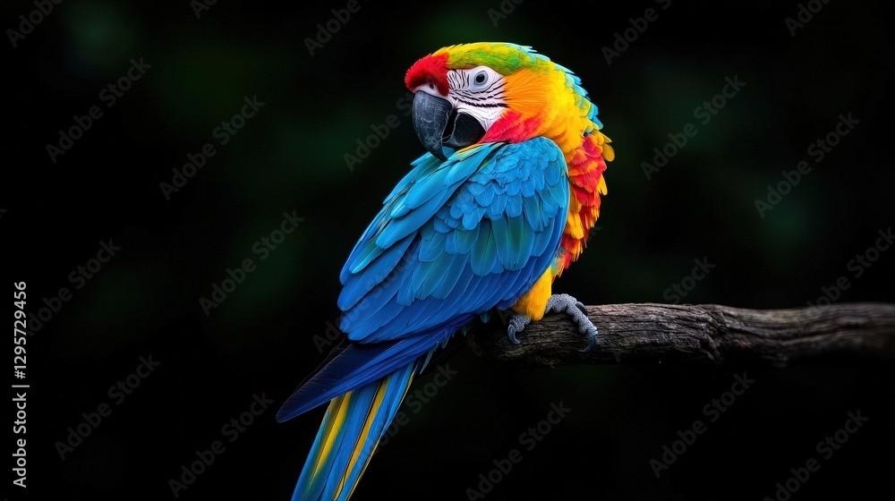 A Colorful Parrot Perched on a Branch Against a Dark Backdrop A Colorful Parrot Perched on a Branch Against a Dark Backdrop