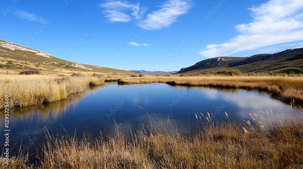 Serene natural pond surrounded by golden grasses under a blue sky representing tranquility and nature : Generative AI Serene natural pond surrounded by golden grasses under a blue sky representing tranquility and nature : Generative AI