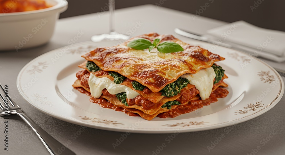 Delicious Spinach and Meat Lasagna on Elegant Plate: A Culinary Delight Delicious Spinach and Meat Lasagna on Elegant Plate: A Culinary Delight