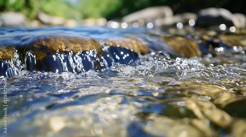 Glorious closeup of sparkling river water flowing over smooth stones in sunny environment : Generative AI Glorious closeup of sparkling river water flowing over smooth stones in sunny environment : Generative AI