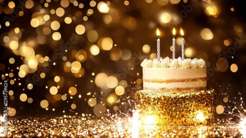 Golden Celebration Cake: Captivating the ambiance of an unforgettable moment, a meticulously decorated cake with three lit candles takes center stage against a background of sparkling bokeh lights.