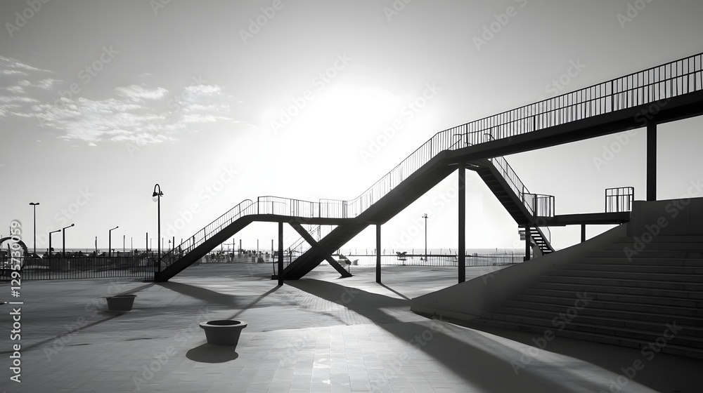 Obraz premium A minimalistic monochrome amusement park with a strong focus on architectural structure form and geometric design creating a visually striking and abstract urban landscape with a modern