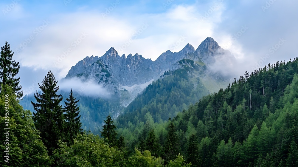 Fototapeta premium Majestic Mountain Landscape Surrounded by Lush Green Forest and Mist : Generative AI