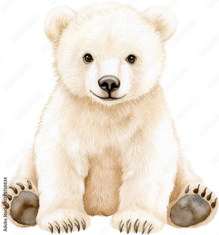 Obraz premium Adorable Baby Polar Bear Cub Sitting Watercolor Illustration Perfect for Children s Books and Prints