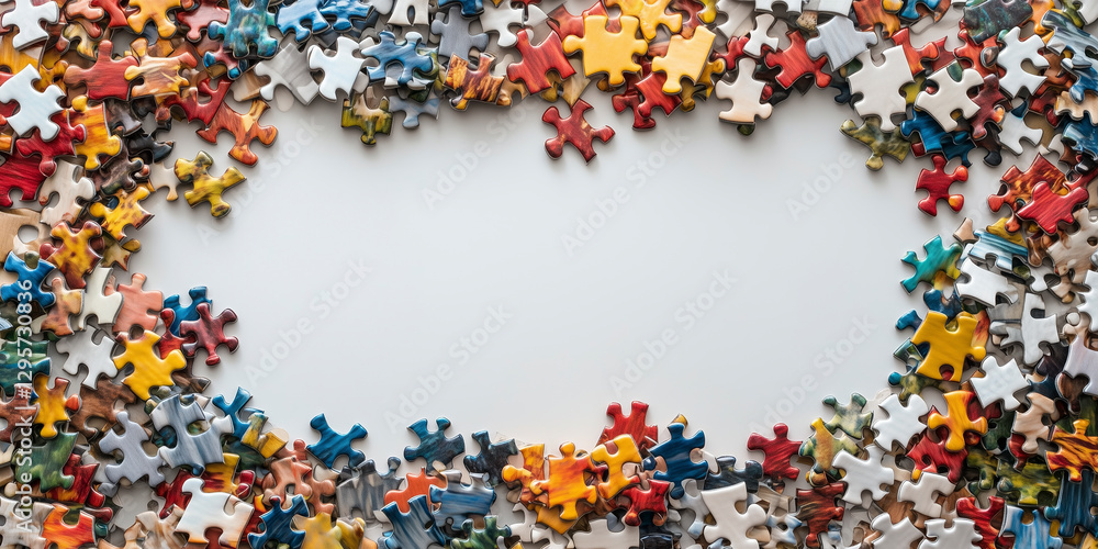 Detailed jigsaw puzzle pieces forming a frame on a pristine white backdrop. Detailed jigsaw puzzle pieces forming a frame on a pristine white backdrop.
