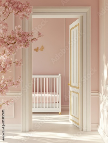 View through half open door on a white, minimalist crib in a pastel pink and gold nursery interior for a baby girl