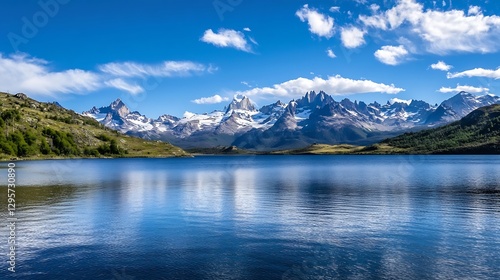 Majestic Mountain Range Reflected in Calm Lake Waters Under Clear Blue Sky : Generative AI