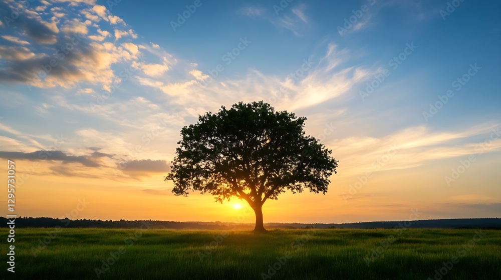 Silhouetted Tree Against Stunning Sunset Sky with Warm Colors : Generative AI Silhouetted Tree Against Stunning Sunset Sky with Warm Colors : Generative AI