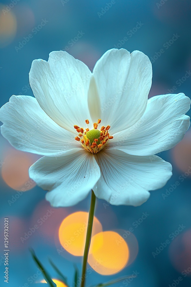 A single white flower with a yellow center on a blue background A single white flower with a yellow center on a blue background