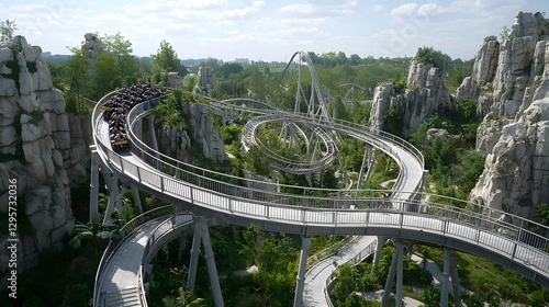 A thrilling mountain rollercoaster weaving its way through a dramatic landscape of jagged cliffs and lush verdant greenery  The track loops and winds its way through the rugged towering environment photo