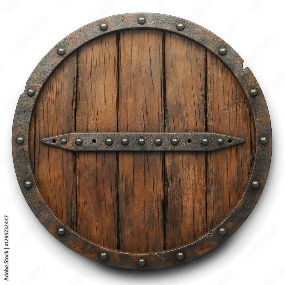 Fototapeta premium A sturdy, round wooden shield with a weathered finish, showcasing a rustic and medieval design.