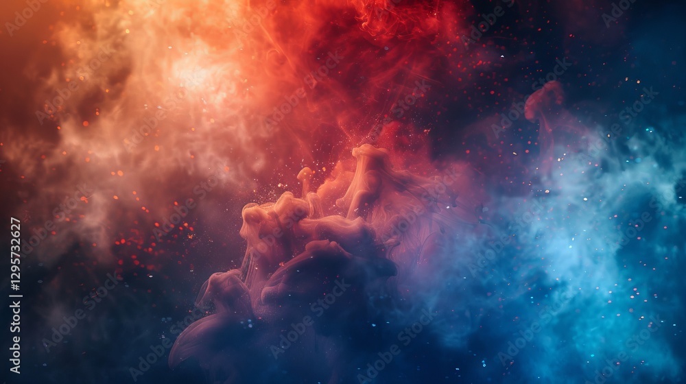 Naklejka premium Vivid display of red, purple, and orange smoke drifting across a black backdrop in a wide panoramic format