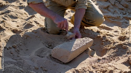 An archaeologist carefully excavates an ancient stone artifact in a sandy desert landscape. The professional uses a small brush to reveal intricate carvings while ensuring preservation of the relic.