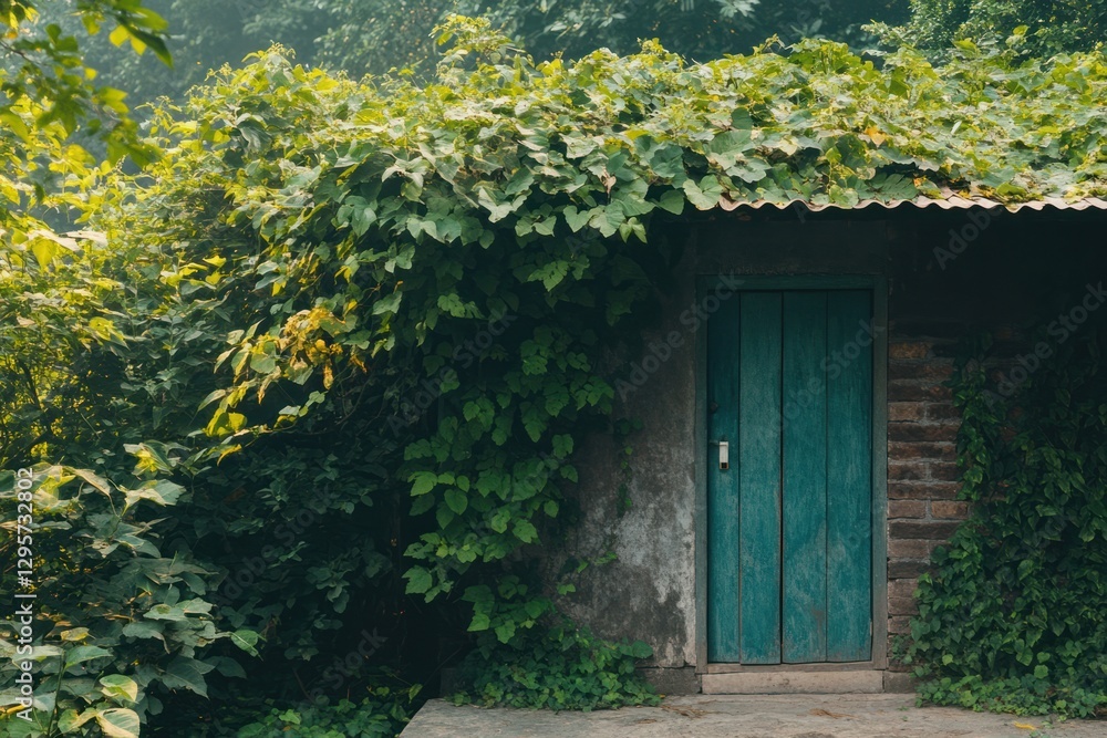 Overgrown doorway hidden in lush greenery showcases nature’s embrace of a rustic structure Overgrown doorway hidden in lush greenery showcases nature’s embrace of a rustic structure