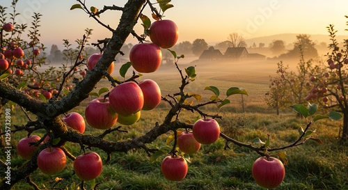 Serene Autumn Morning in an Apple Orchard: Misty Fields and Ripe Red Apples at Sunrise