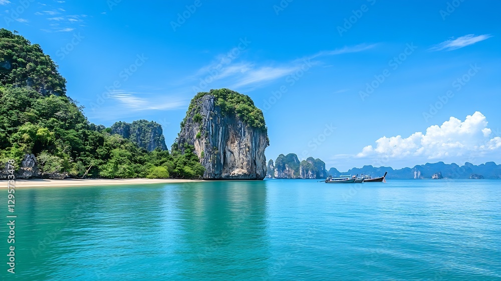 Obraz premium Gorgeous tropical beach landscape featuring turquoise waters and dramatic limestone cliffs under a clear blue sky : Generative AI