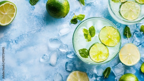 Refreshing cocktails with lime and mint on ice against a bright blue background : Generative AI photo