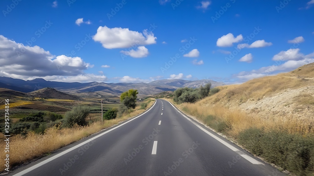 Naklejka premium Open road stretching through a sunny countryside landscape with fluffy clouds and distant mountains : Generative AI