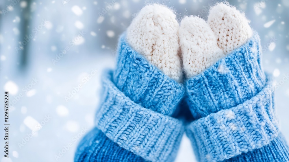 Two pairs of warm blue knitted mittens against a snowy background with falling snowflakes : Generative AI Two pairs of warm blue knitted mittens against a snowy background with falling snowflakes : Generative AI