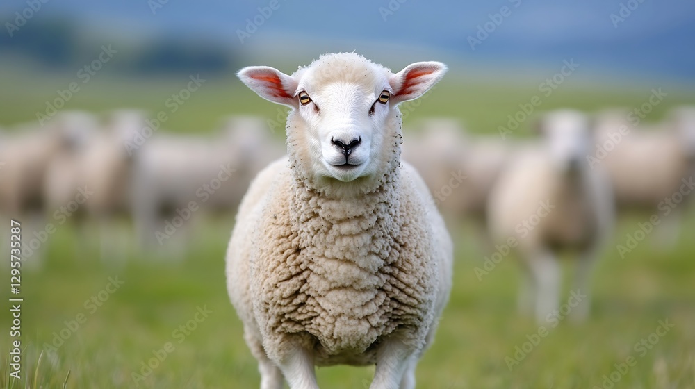 Curious sheep standing in lush green meadow with flock in background : Generative AI Curious sheep standing in lush green meadow with flock in background : Generative AI