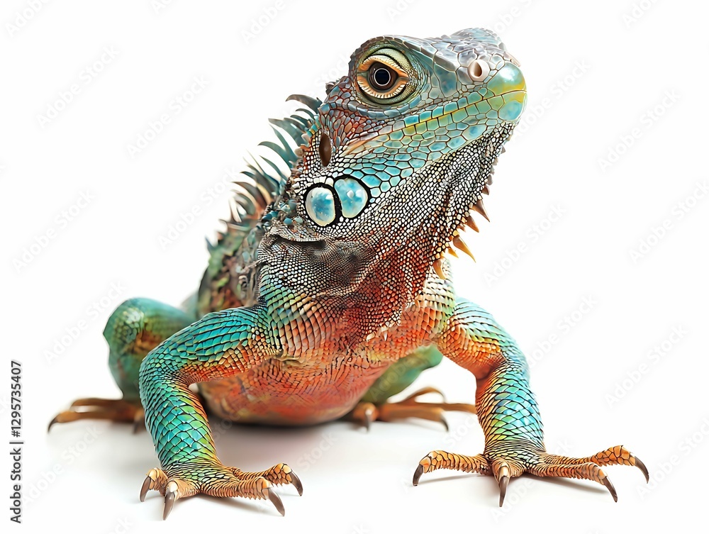 Obraz premium This vibrant lizard exhibits bright colors and intricate patterns against a white background.