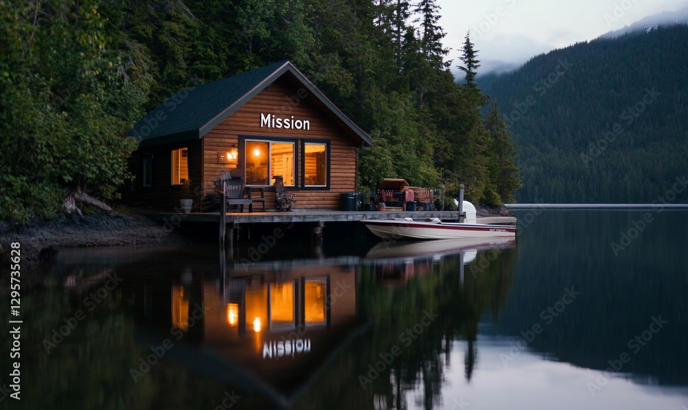 Fototapeta premium Cozy lakeside cabin reflecting on calm waters at dusk.