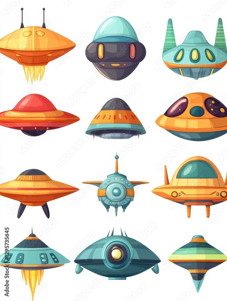 Cartoon alien spaceship, spacecrafts and ufo vector set. Cosmic ship in form saucer for transportation illustration Cartoon alien spaceship, spacecrafts and ufo vector set. Cosmic ship in form saucer for transportation illustration