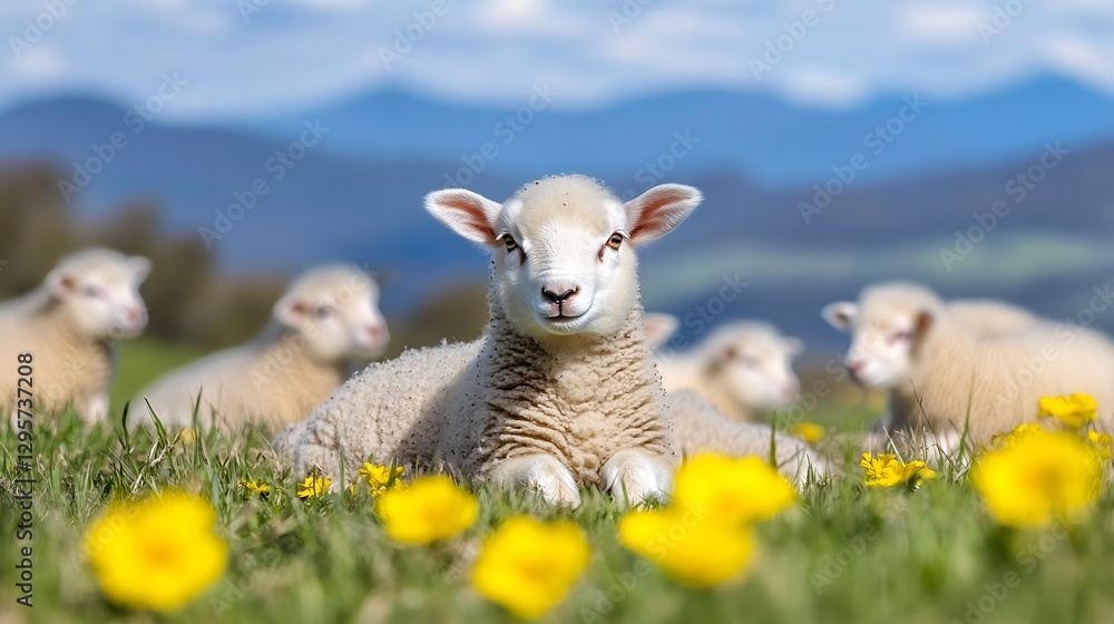 Adorable Lamb Resting Amidst Bright Yellow Flowers in a Peaceful Green Field : Generative AI Adorable Lamb Resting Amidst Bright Yellow Flowers in a Peaceful Green Field : Generative AI