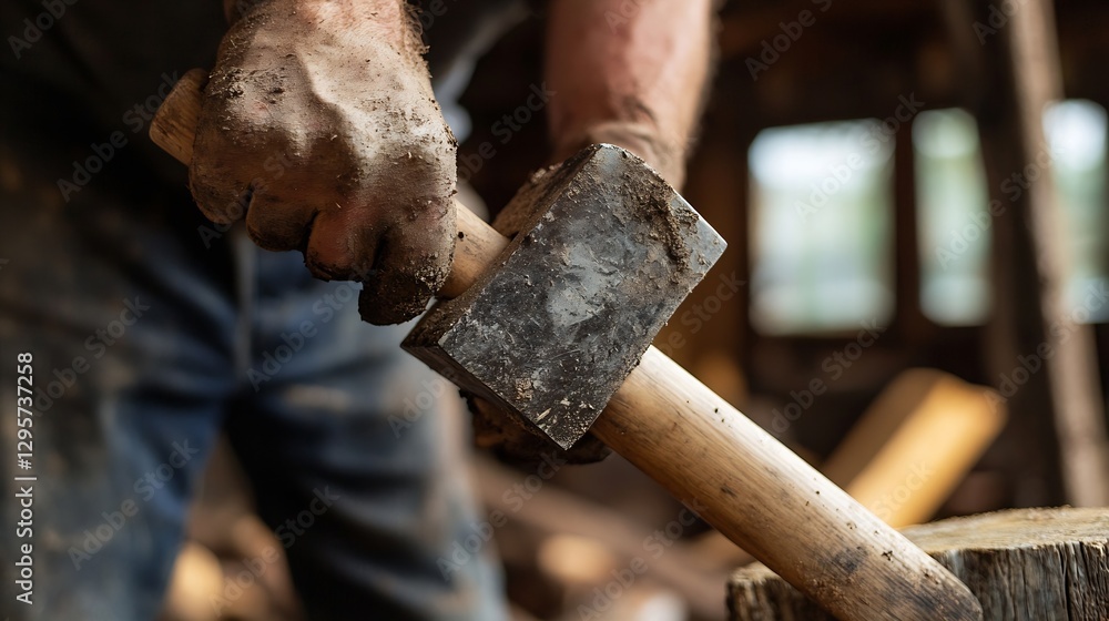 Skilled craftsman using a heavy hammer to shape wood in a rustic workshop under natural light : Generative AI Skilled craftsman using a heavy hammer to shape wood in a rustic workshop under natural light : Generative AI