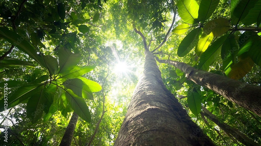 Fototapeta premium Stunning View of Lush Green Rainforest Canopy with Sunlight Streaming Through Trees : Generative AI
