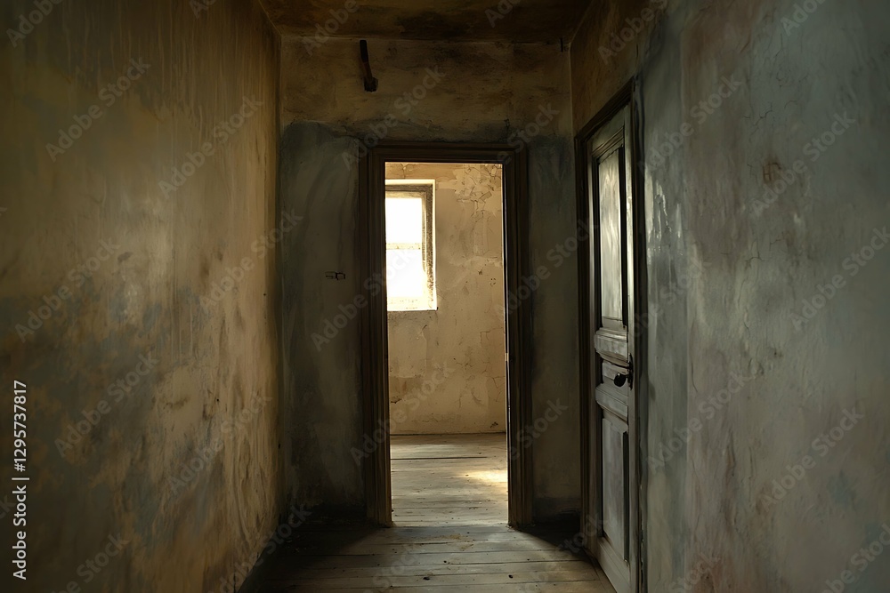 The image captures a dimly lit hallway of an abandoned building, showcasing peeling walls and doorways. The image captures a dimly lit hallway of an abandoned building, showcasing peeling walls and doorways.
