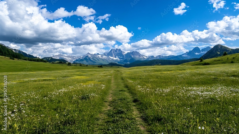 Majestic mountain landscape with lush green fields and clouds rolling over the peaks on a sunny day : Generative AI Majestic mountain landscape with lush green fields and clouds rolling over the peaks on a sunny day : Generative AI