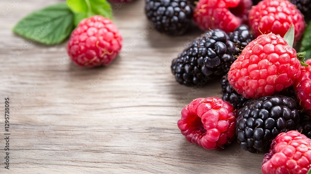 Freshly picked raspberries and blackberries on a wooden surface with mint leaves for a healthy snack : Generative AI Freshly picked raspberries and blackberries on a wooden surface with mint leaves for a healthy snack : Generative AI