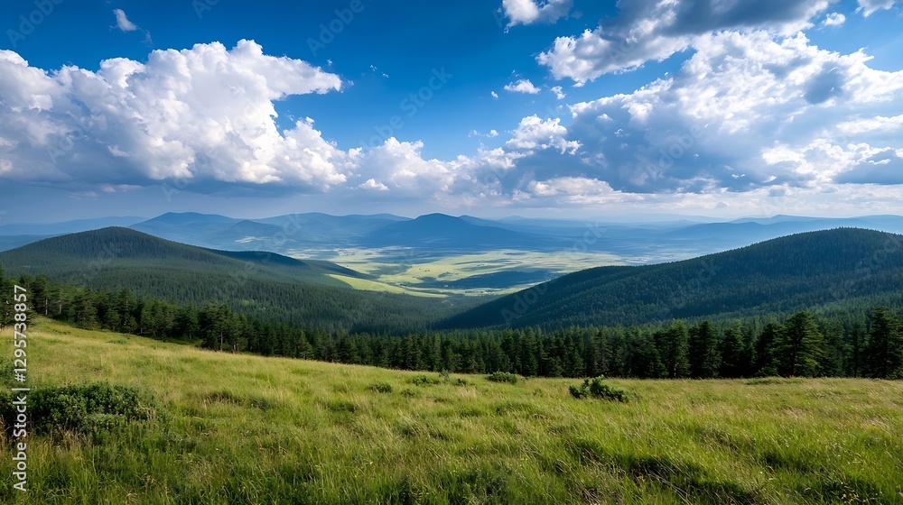 Breathtaking landscape view of green hills and mountains under a blue sky with fluffy clouds inviting adventure : Generative AI Breathtaking landscape view of green hills and mountains under a blue sky with fluffy clouds inviting adventure : Generative AI