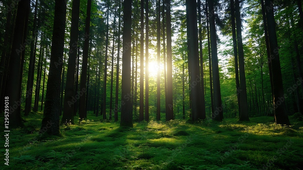 Naklejka premium Mystical forest scene illuminated by sunlight filtering through tall trees creating a serene atmosphere : Generative AI