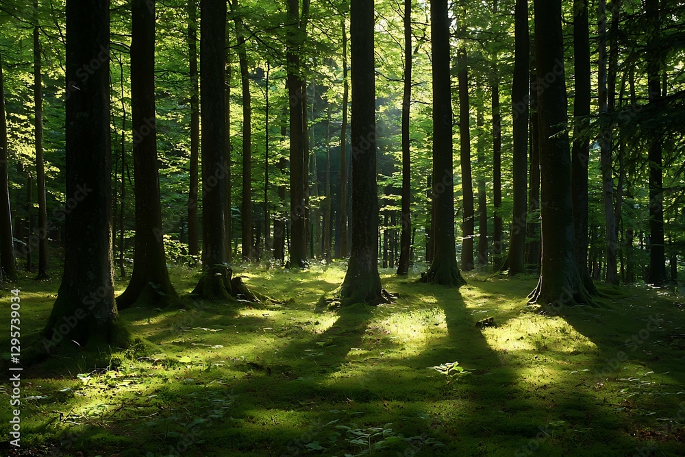 Fototapeta premium A scenic view of a peaceful forest with tall trees, gentle sunlight filtering through leaves, and lush green moss covering the ground.