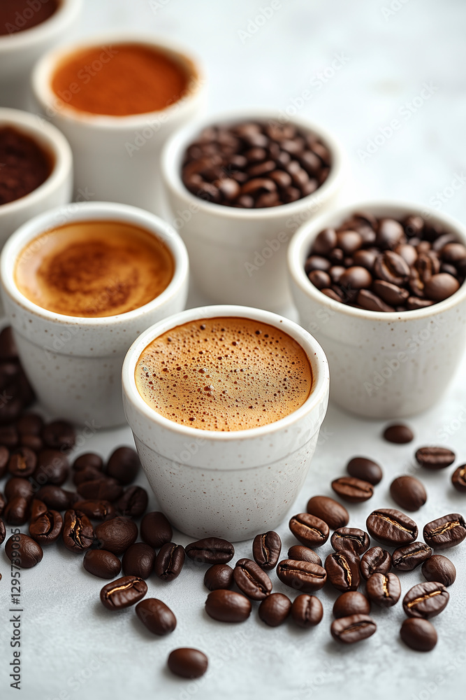 Fototapeta premium A detailed shot of assorted coffee beans and chic cups, focusing on textures against a white backdrop.