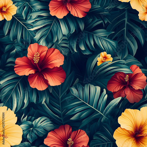 Vibrant Hibiscus Flowers and Tropical Leaves Pattern Seamless Background