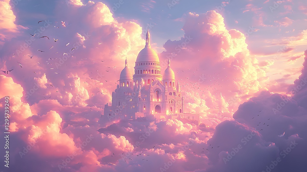 Obraz premium An enchanting anime-style scene of Sacré-Cœur Basilica, glowing white domes surrounded by soft whimsical clouds in a pastel-hued sky, with birds flying gently around the structure. --ar 16:9