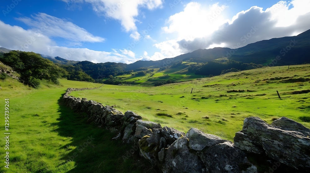 Expansive green valley landscape with rocky stone fence under a bright blue cloudy sky : Generative AI Expansive green valley landscape with rocky stone fence under a bright blue cloudy sky : Generative AI